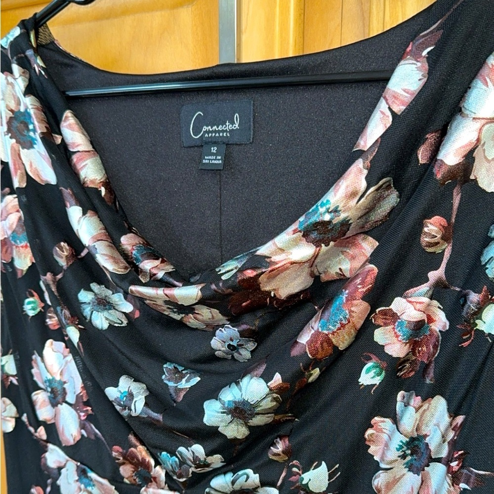 Connected Apparel Women’s Black Floral Print Cowl Neck Short Dress Size 12 NEW - Picture 7 of 11